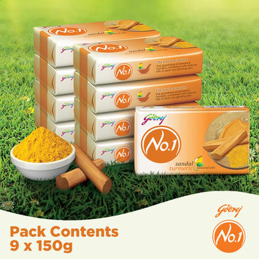 Godrej No.1 Sandal and Turmeric Soap - Pack of 9 (150g each) - High TFM (Grade 1 Soap) | Soaps For Bath | Long-Lasting Fragrance